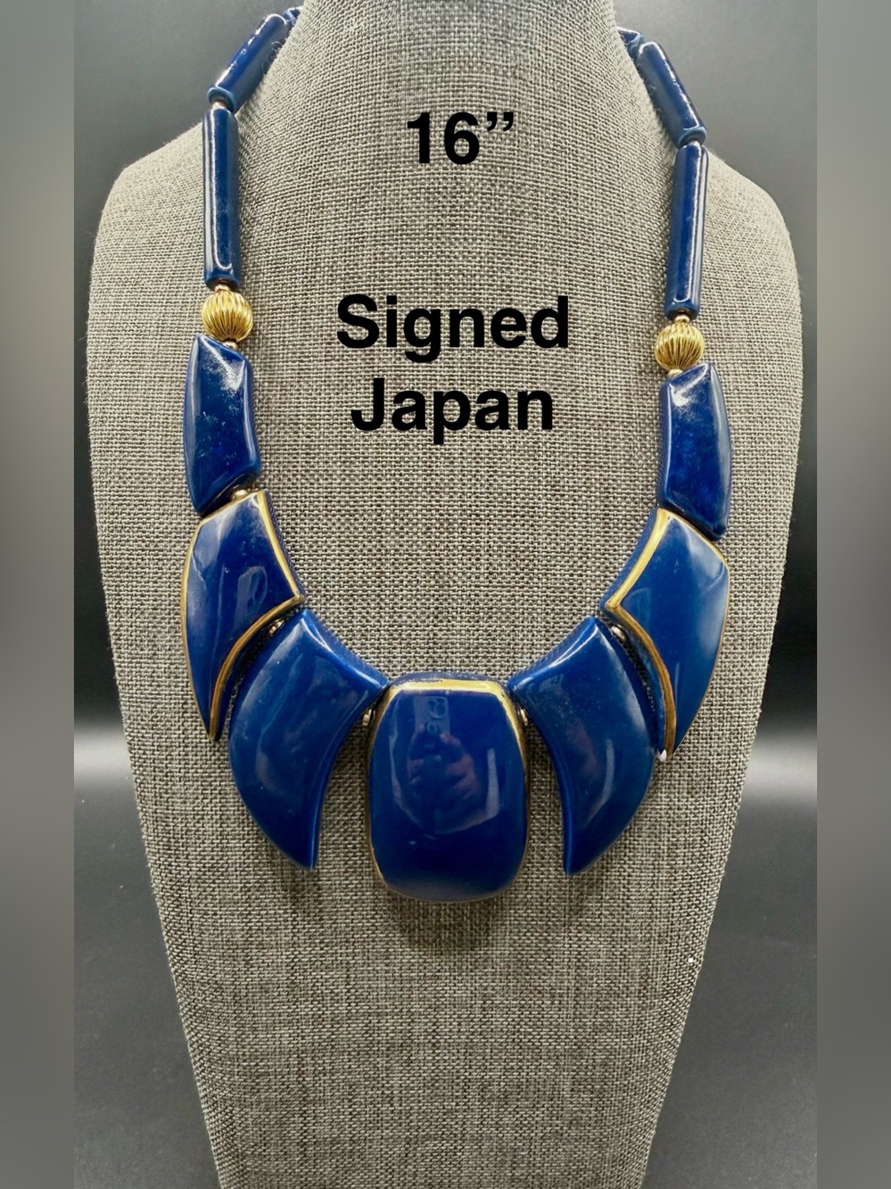 Japan Blue Vintage Statement Necklace with Gold Trim
